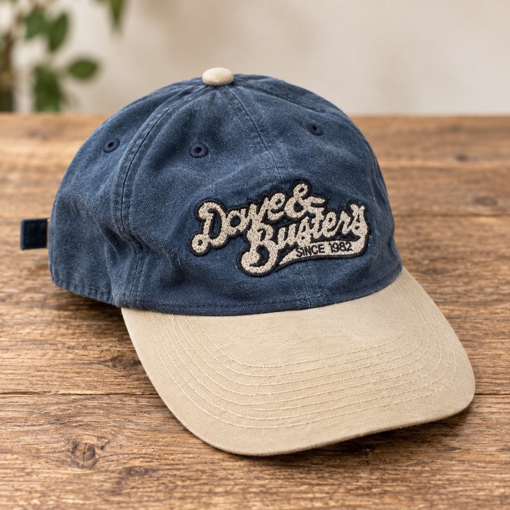 Dave & Busters Baseball Cap Navy Blue Tan Two Tone Embroidered Logo Strapback